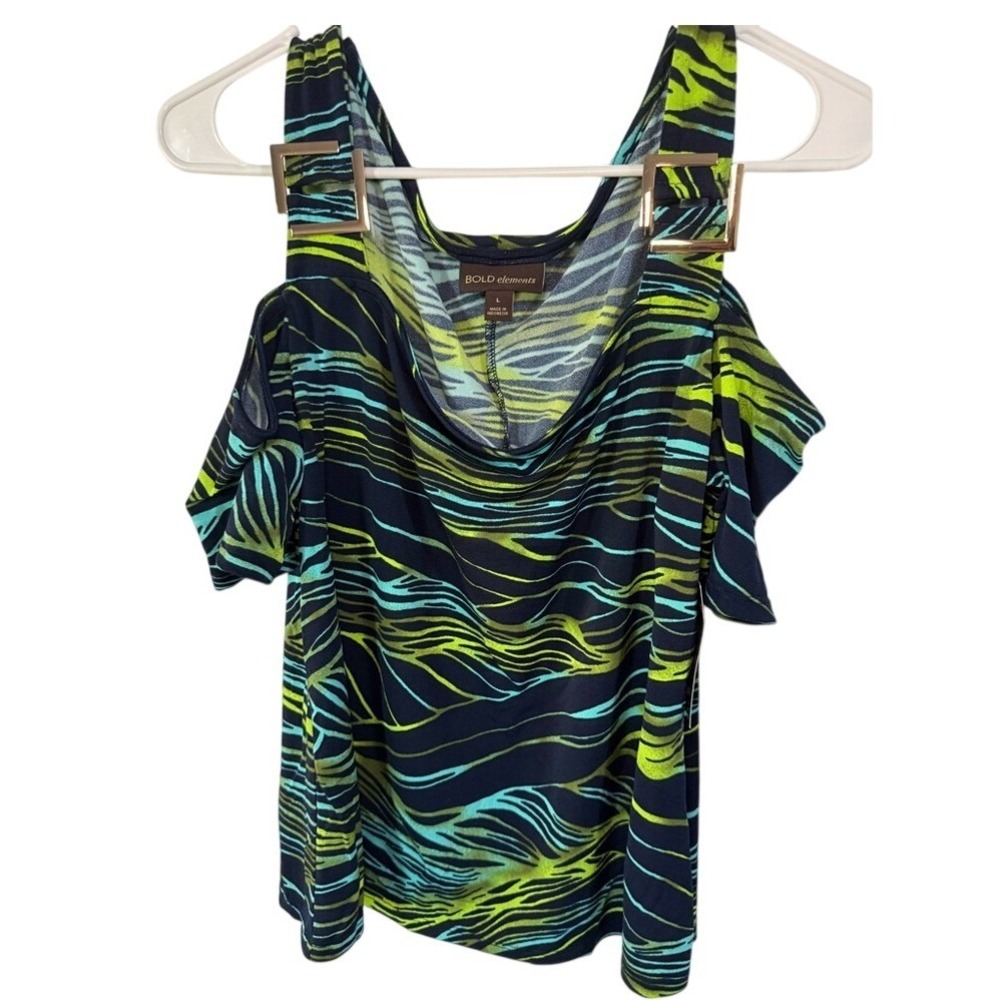 Bold Elements Blue Wave Multi Cold Shoulder Buckle Top Large NWT